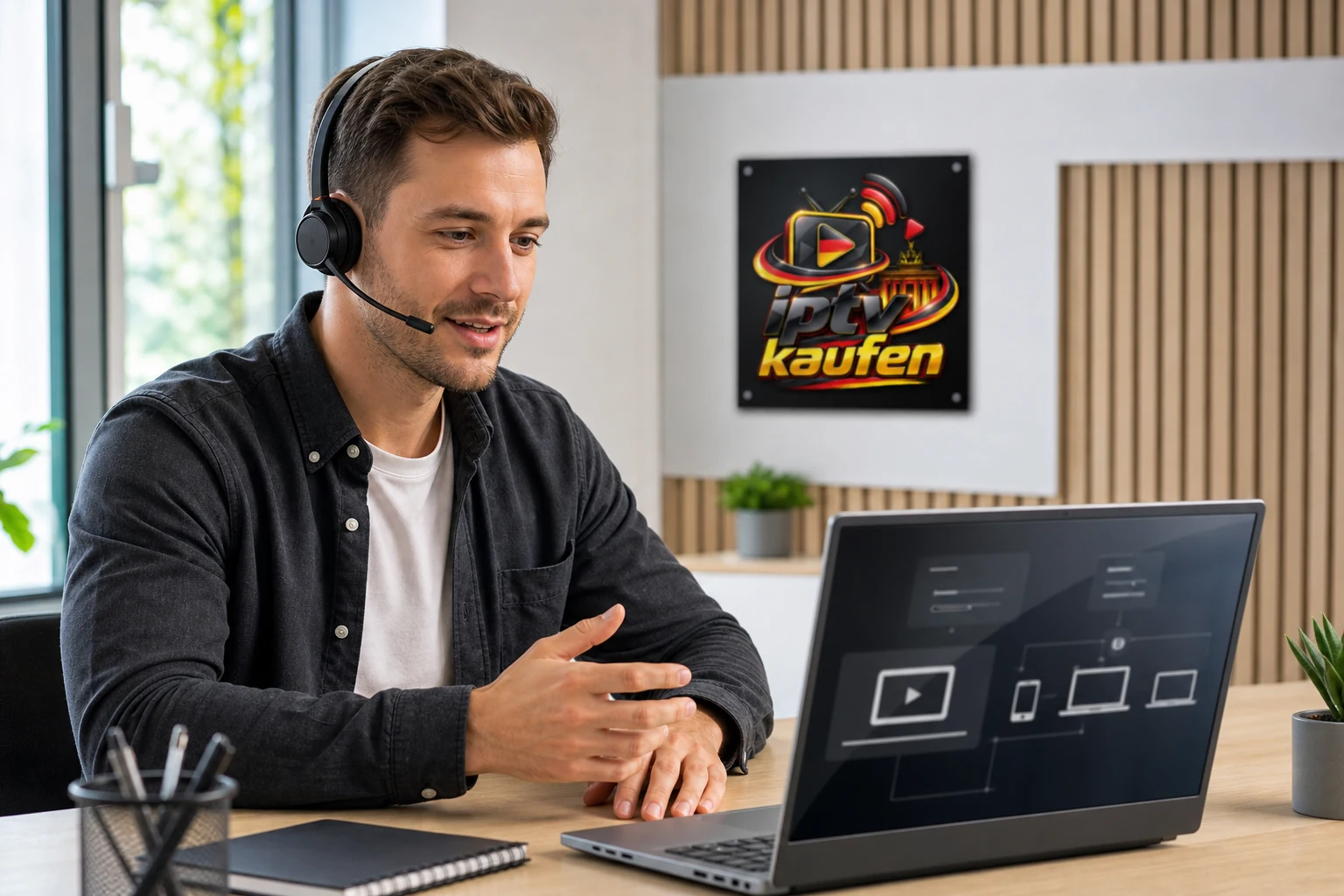 Support-Mitarbeiter hilft am Laptop bei der Einrichtung eines Streaming-Zugangs