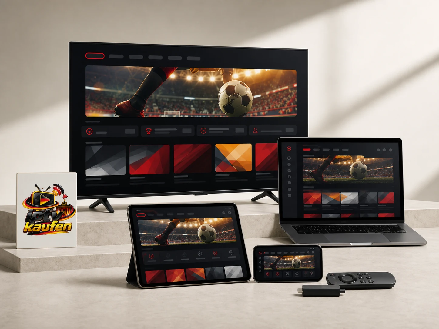 Smart-TV, Laptop, Tablet, Smartphone und Streaming-Stick zeigen dieselbe Streaming-Oberfläche
