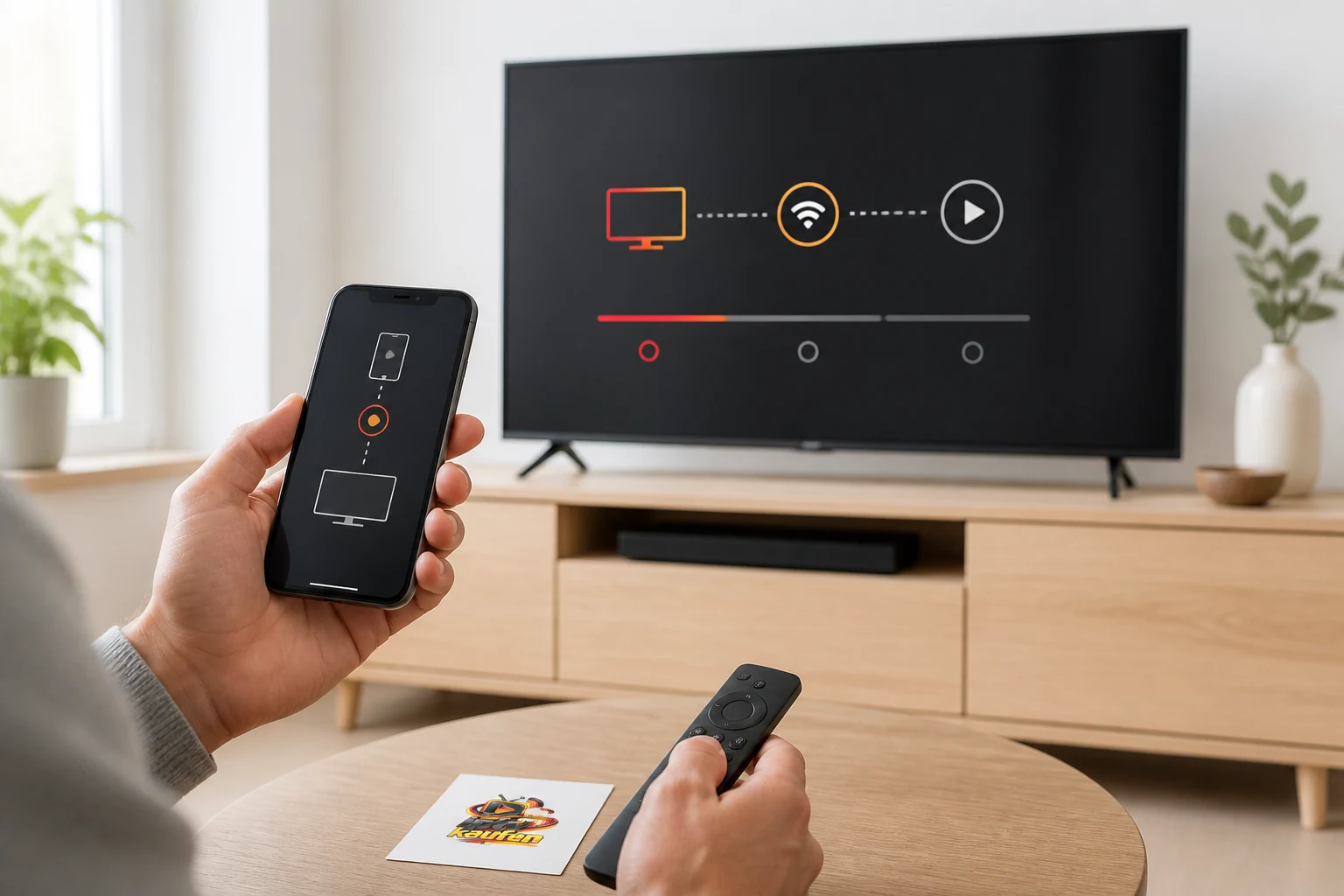 Einrichtung eines Streaming-Zugangs mit Smartphone, Fernbedienung und Fernseher im Wohnzimmer