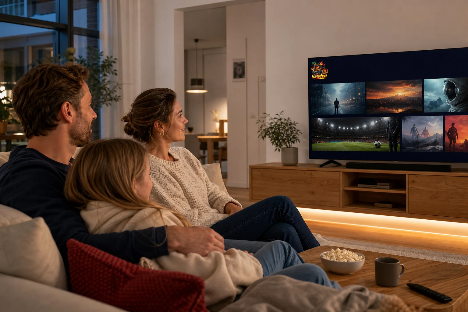 Familie schaut gemeinsam eine Streaming-Auswahl auf dem Fernseher im Wohnzimmer